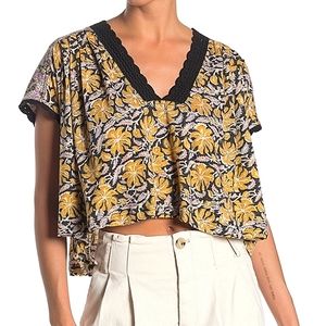 NWT🌷 Free People Leilani Floral Print Crop Top Black Yellow Purple, Small